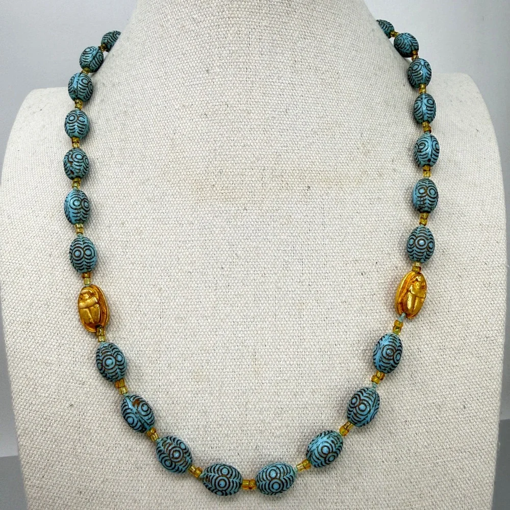 Vintage Egyptian‎ Revival Faience Ceramic Bead Gold Scarab Necklace